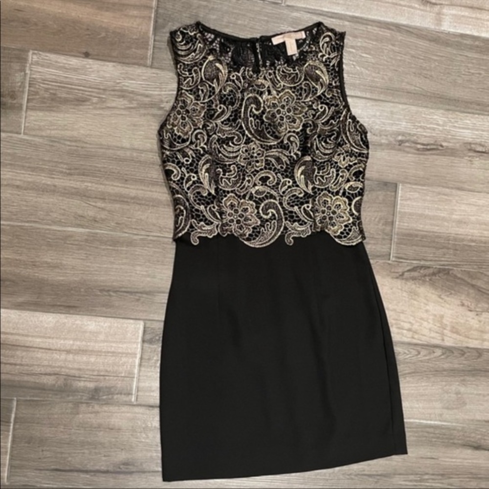 Black Gold Lace Stretch Lace Mini Dress